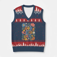 Boho Floral Christian V-Neck Knit Sweater Vest Blessed Saved By Jesus Cross Flower