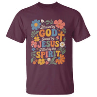 Boho Floral Christian T Shirt Blessed Saved By Jesus Cross Flower