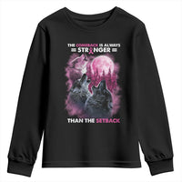 Pink Breast Cancer Youth Sweatshirt Pink Ribbon Comeback Stronger Than Setback Wolf Moon - Wonder Print Shop
