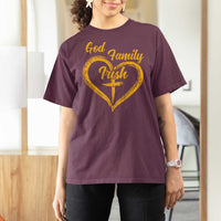 God Family Irish T Shirt For Women Vintage Cross In Heart Christian Notre Dame Game Day - Wonder Print Shop