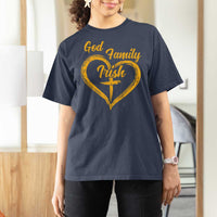 God Family Irish T Shirt For Women Vintage Cross In Heart Christian Notre Dame Game Day - Wonder Print Shop