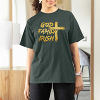God Family Irish T Shirt For Women Christian Faith Cross Notre Dame Game Day - Wonder Print Shop