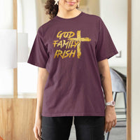 God Family Irish T Shirt For Women Christian Faith Cross Notre Dame Game Day - Wonder Print Shop