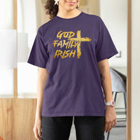 God Family Irish T Shirt For Women Christian Faith Cross Notre Dame Game Day - Wonder Print Shop