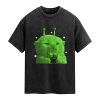 Funny Alien Cat Meme Washed Cotton T-Shirt Funny Kitten 90s Retro Vintage Graphic Weird Cats Y2k
