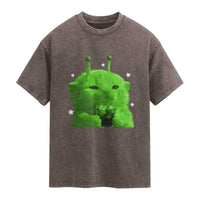 Funny Alien Cat Meme Washed Cotton T-Shirt Funny Kitten 90s Retro Vintage Graphic Weird Cats Y2k