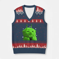Funny Alien Cat Meme V-Neck Knit Sweater Vest Funny Kitten 90s Retro Vintage Graphic Weird Cats Y2k - Wonder Print Shop