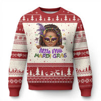 Little Miss Mardi Gras Ugly Christmas Sweater Afro Messy Bun Girls Kids Mask Cute New Orleans - Wonder Print Shop