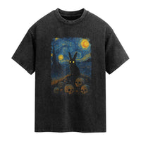 Creepy Cute Bunny Rabbits Washed Cotton T-Shirt Alt Goth Grunge Dark Horror Starry Night Van Gogh Aesthetic