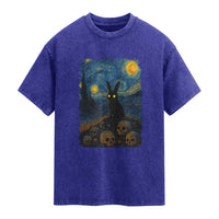 Creepy Cute Bunny Rabbits Washed Cotton T-Shirt Alt Goth Grunge Dark Horror Starry Night Van Gogh Aesthetic