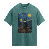 Creepy Cute Bunny Rabbits Washed Cotton T-Shirt Alt Goth Grunge Dark Horror Starry Night Van Gogh Aesthetic
