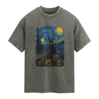 Creepy Cute Bunny Rabbits Washed Cotton T-Shirt Alt Goth Grunge Dark Horror Starry Night Van Gogh Aesthetic