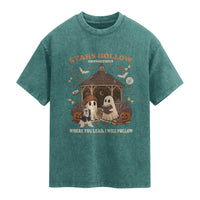 Halloween Stars Hollow Washed Cotton T-Shirt Retro Book Lover Cute Ghost Fall Pumpkin