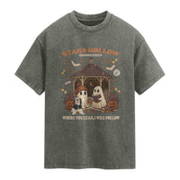 Halloween Stars Hollow Washed Cotton T-Shirt Retro Book Lover Cute Ghost Fall Pumpkin