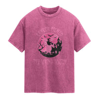 Breast Cancer Halloween Washed Cotton T-Shirt In October We Wear Pink Witch