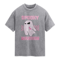 Breast Cancer Halloween Washed Cotton T-Shirt Ghost Wear Pink Ribbon Spooky Warrior