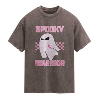 Breast Cancer Halloween Washed Cotton T-Shirt Ghost Wear Pink Ribbon Spooky Warrior