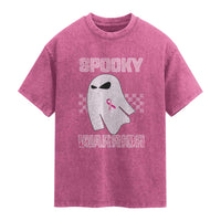 Breast Cancer Halloween Washed Cotton T-Shirt Ghost Wear Pink Ribbon Spooky Warrior