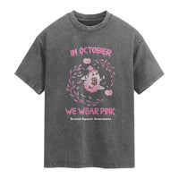 Breast Cancer Halloween Washed Cotton T-Shirt In October Ghost Wear Pink Black Cat
