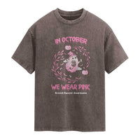 Breast Cancer Halloween Washed Cotton T-Shirt In October Ghost Wear Pink Black Cat