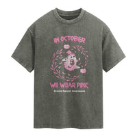Breast Cancer Halloween Washed Cotton T-Shirt In October Ghost Wear Pink Black Cat