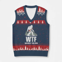 WTF Where's The Fish V-Neck Knit Sweater Vest Funny Fishing Gifts Bigfoot Sasquatch - Wonder Print Shop