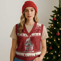 WTF Where's The Fish V-Neck Knit Sweater Vest Funny Fishing Gifts Bigfoot Sasquatch - Wonder Print Shop