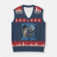 Funny Alpha Wolf V-Neck Knit Sweater Vest Don't Worry Kitten Daddy's Here 90s Vintage Bootleg - Wonder Print Shop