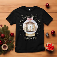 Nativity Scene Christmas T Shirt The Greatest Gift of All Christian Coquette Bow Matthew 1:21 - Wonder Print Shop