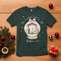 Nativity Scene Christmas T Shirt The Greatest Gift of All Christian Coquette Bow Matthew 1:21 - Wonder Print Shop