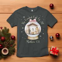 Nativity Scene Christmas T Shirt The Greatest Gift of All Christian Coquette Bow Matthew 1:21 - Wonder Print Shop