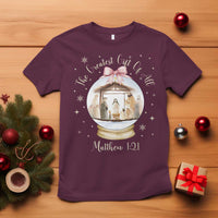 Nativity Scene Christmas T Shirt The Greatest Gift of All Christian Coquette Bow Matthew 1:21 - Wonder Print Shop