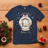 Nativity Scene Christmas T Shirt The Greatest Gift of All Christian Coquette Bow Matthew 1:21 - Wonder Print Shop