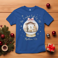 Nativity Scene Christmas T Shirt The Greatest Gift of All Christian Coquette Bow Matthew 1:21 - Wonder Print Shop