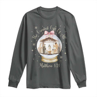 Nativity Scene Christmas Long Sleeve Shirt The Greatest Gift of All Christian Coquette Bow Matthew 1:21 - Wonder Print Shop
