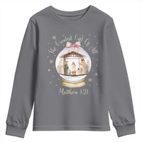 Nativity Scene Christmas Youth Sweatshirt The Greatest Gift of All Christian Coquette Bow Matthew 1:21 - Wonder Print Shop