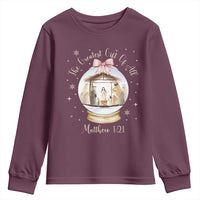 Nativity Scene Christmas Youth Sweatshirt The Greatest Gift of All Christian Coquette Bow Matthew 1:21 - Wonder Print Shop