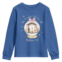 Nativity Scene Christmas Youth Sweatshirt The Greatest Gift of All Christian Coquette Bow Matthew 1:21 - Wonder Print Shop