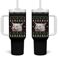 Woman Yelling At A Cat Ugly Christmas Tumbler With Handle Funny Cat Meme Matching Couple Christmas Pajama - Wonder Print Shop