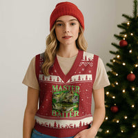 Master Baiter V-Neck Knit Sweater Vest Funny Bass Fishing Fisher Bootleg Graphic - Wonder Print Shop