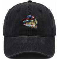 Funny Fishing American Flag Washed Cotton Baseball Cap Patriotic Fisherman Family Gift