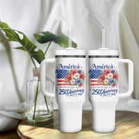 God 250th Anniversary USA Flag Floral Tumbler With Handle Patriotic Freedom 4th of July 250 Years America