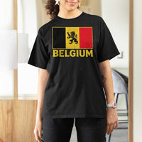 Vintage Belgium Soccer Flag with Lion Graphic T Shirt For Women Belgian Football Pride Gift for Fans
