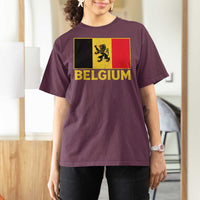 Vintage Belgium Soccer Flag with Lion Graphic T Shirt For Women Belgian Football Pride Gift for Fans