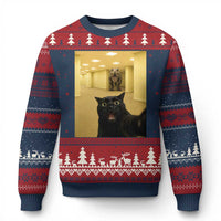 Black Cat Selfie with Dinosaur in The Backrooms Liminal Space Graphic Ugly Christmas Sweater Liminal Space Urban Legend Meme