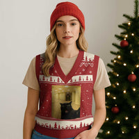Black Cat Selfie with Dinosaur in The Backrooms Liminal Space Graphic V-Neck Knit Sweater Vest Liminal Space Urban Legend Meme