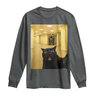 Black Cat Selfie with Dinosaur in The Backrooms Liminal Space Graphic Long Sleeve Shirt Liminal Space Urban Legend Meme
