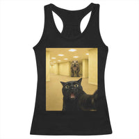 Black Cat Selfie with Dinosaur in The Backrooms Liminal Space Graphic Racerback Tank Top Liminal Space Urban Legend Meme