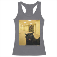 Black Cat Selfie with Dinosaur in The Backrooms Liminal Space Graphic Racerback Tank Top Liminal Space Urban Legend Meme