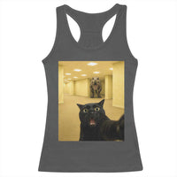 Black Cat Selfie with Dinosaur in The Backrooms Liminal Space Graphic Racerback Tank Top Liminal Space Urban Legend Meme